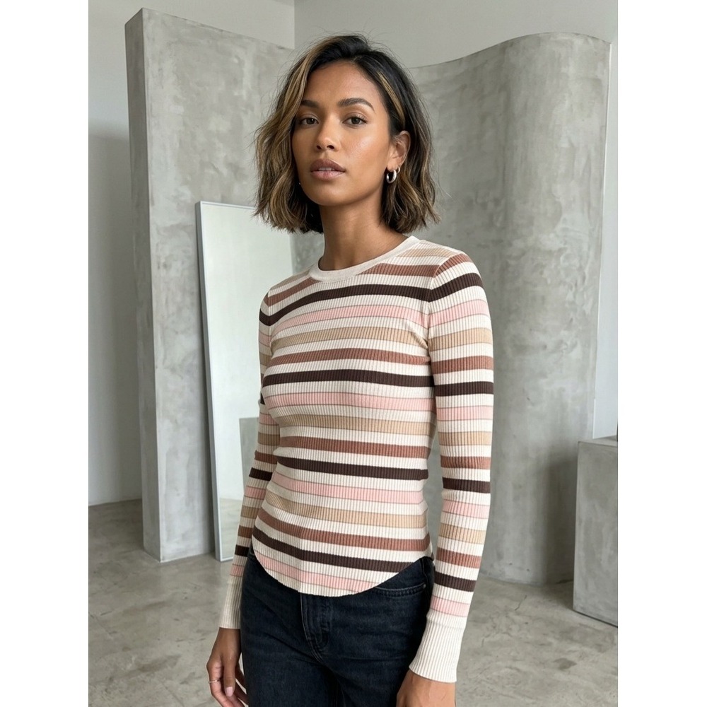 Aerie Striped Ribbed Long Sleeve Crew Neck Curved Hem Top XS